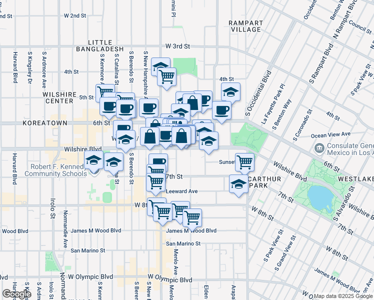 map of restaurants, bars, coffee shops, grocery stores, and more near 3104 Wilshire Boulevard in Los Angeles