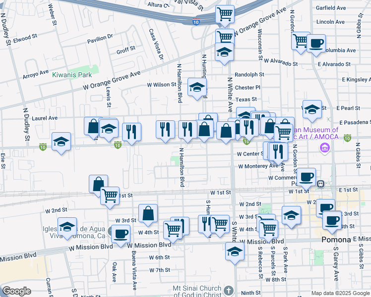 map of restaurants, bars, coffee shops, grocery stores, and more near in Pomona