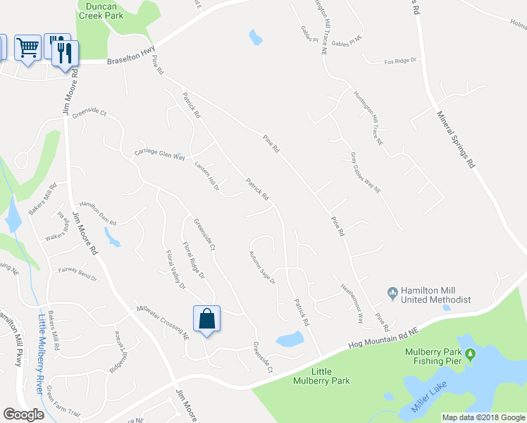 map of restaurants, bars, coffee shops, grocery stores, and more near 3616 Mary's View Lane in Dacula