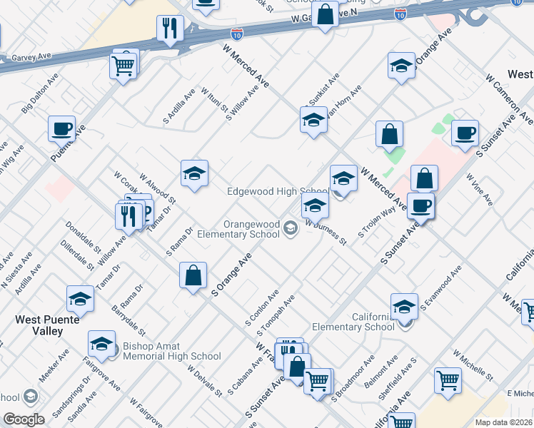 map of restaurants, bars, coffee shops, grocery stores, and more near 1816 West Yarnell Street in West Covina
