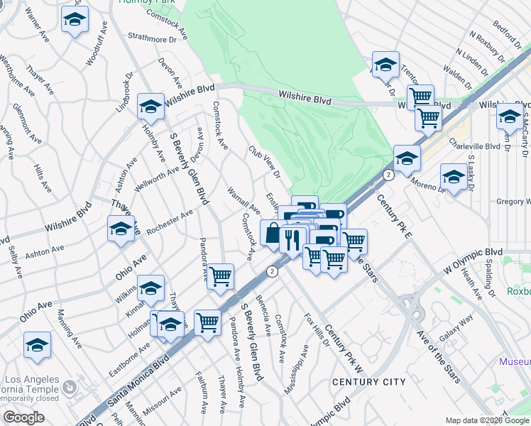 map of restaurants, bars, coffee shops, grocery stores, and more near 1630 Warnall Avenue in Los Angeles