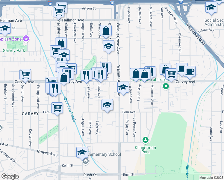 map of restaurants, bars, coffee shops, grocery stores, and more near 2730 Willard Avenue in Rosemead