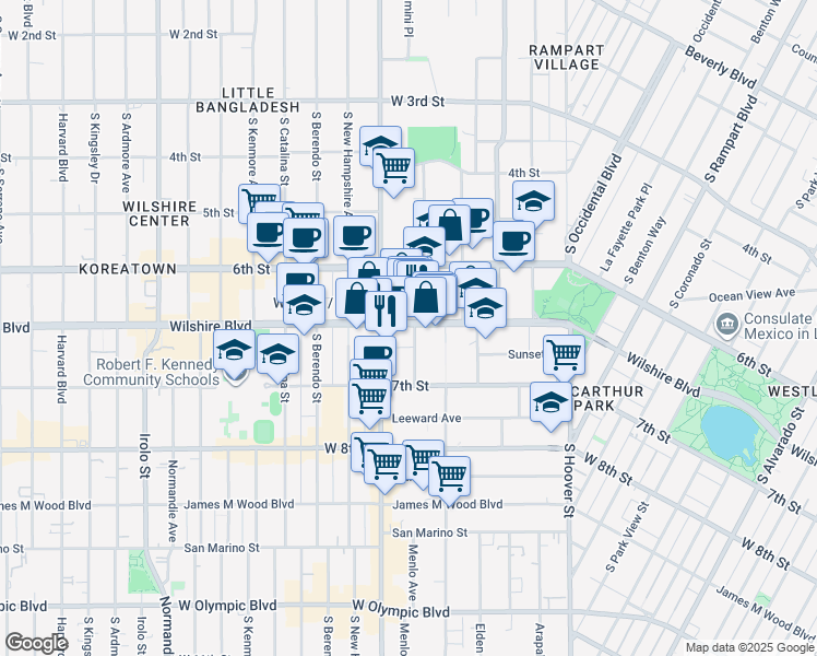 map of restaurants, bars, coffee shops, grocery stores, and more near 3150 Wilshire Boulevard in Los Angeles