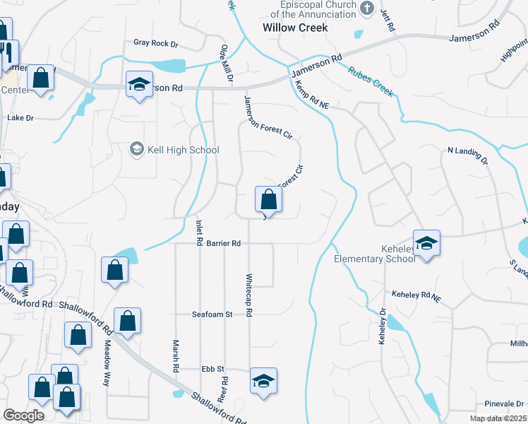 map of restaurants, bars, coffee shops, grocery stores, and more near 4749 Jamerson Forest Circle in Marietta