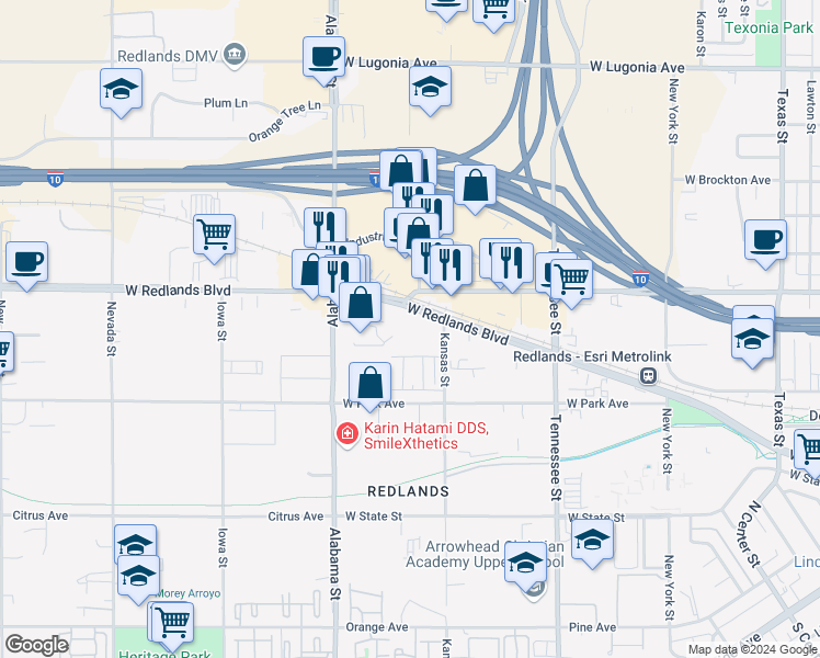 map of restaurants, bars, coffee shops, grocery stores, and more near 1417 West Redlands Boulevard in Redlands