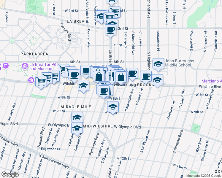 map of restaurants, bars, coffee shops, grocery stores, and more near 710 South La Brea Avenue in Los Angeles