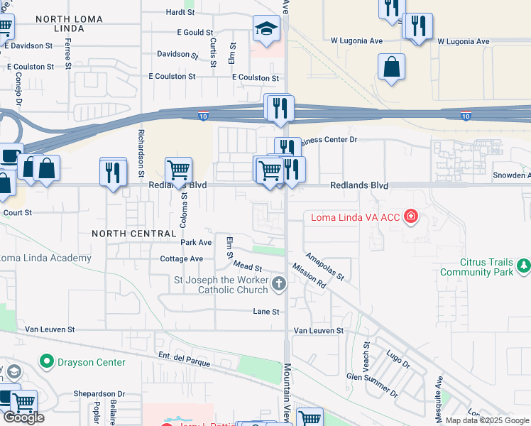 map of restaurants, bars, coffee shops, grocery stores, and more near 10558 Mountain View Avenue in Redlands