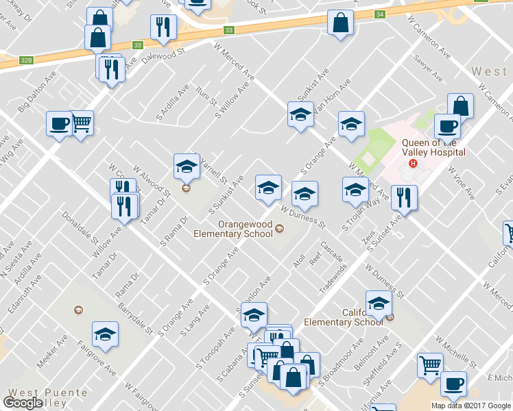 map of restaurants, bars, coffee shops, grocery stores, and more near 1816 West Yarnell Street in West Covina