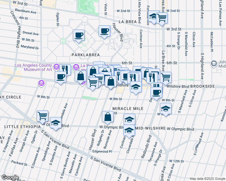 map of restaurants, bars, coffee shops, grocery stores, and more near 5670 Wilshire Boulevard in Los Angeles