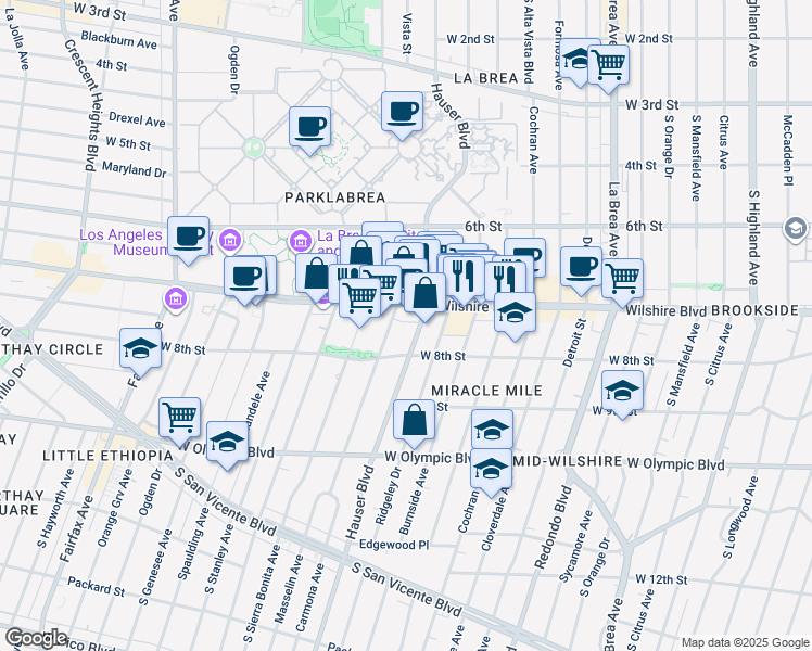 map of restaurants, bars, coffee shops, grocery stores, and more near 5700 Wilshire Boulevard in Los Angeles