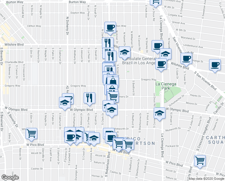 map of restaurants, bars, coffee shops, grocery stores, and more near 822 South Robertson Boulevard in Los Angeles