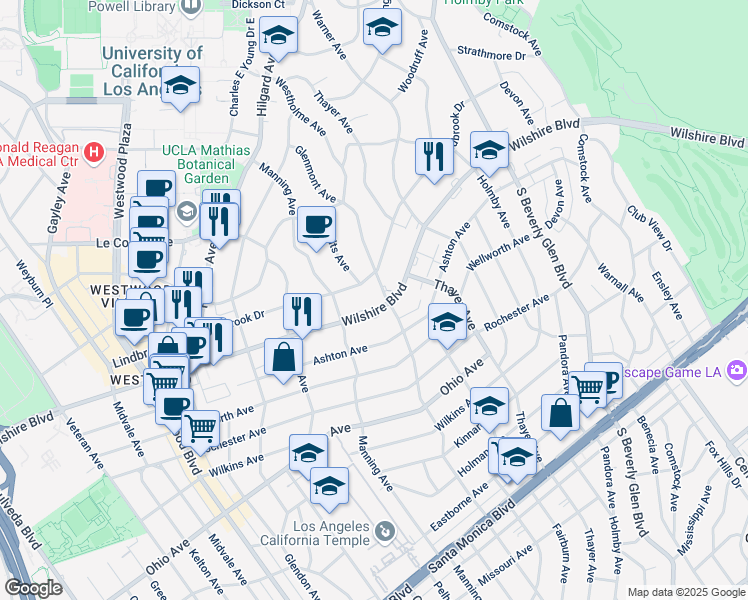 map of restaurants, bars, coffee shops, grocery stores, and more near 10601 Wilshire Boulevard in Los Angeles