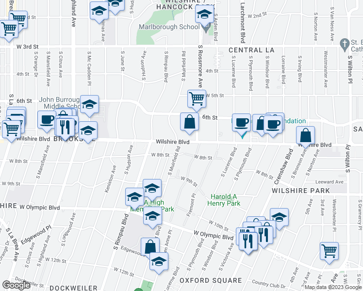 map of restaurants, bars, coffee shops, grocery stores, and more near 4550 Wilshire Boulevard in Los Angeles