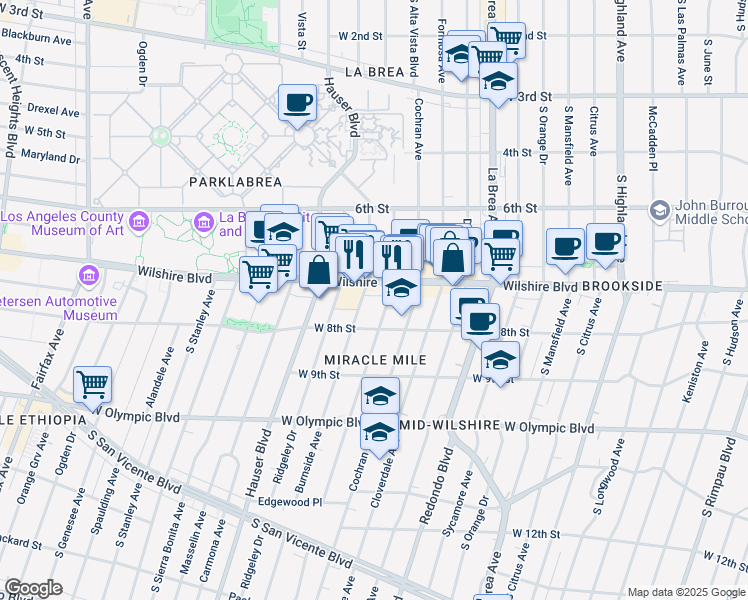 map of restaurants, bars, coffee shops, grocery stores, and more near 5500 Wilshire Boulevard in Los Angeles