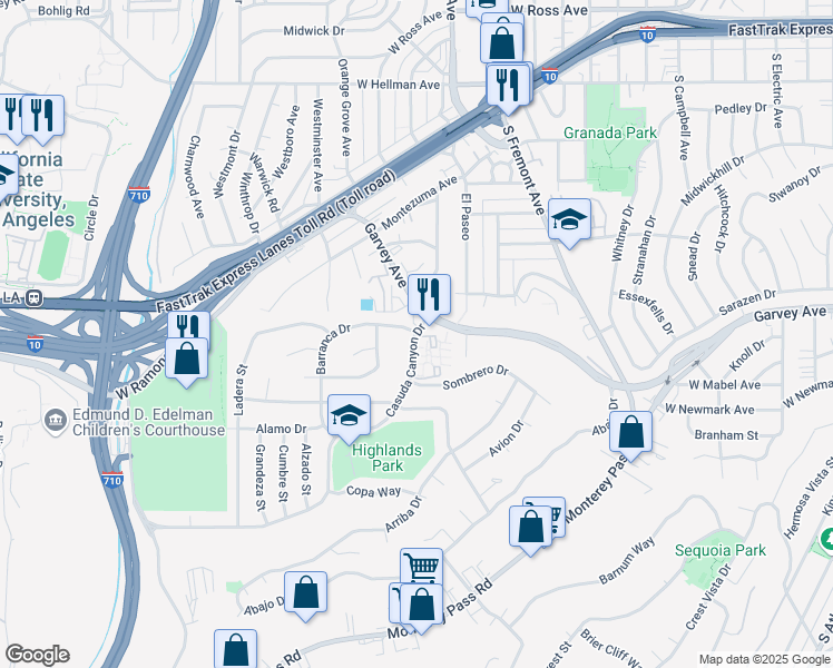 map of restaurants, bars, coffee shops, grocery stores, and more near Casuda Canyon Drive & Barranca Drive in Monterey Park
