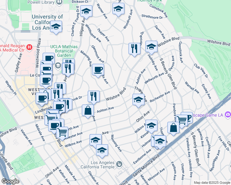 map of restaurants, bars, coffee shops, grocery stores, and more near 10601 Wilshire Boulevard in Los Angeles