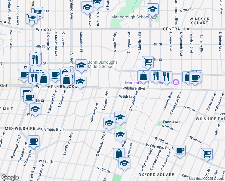 map of restaurants, bars, coffee shops, grocery stores, and more near 4700 Wilshire Boulevard in Los Angeles