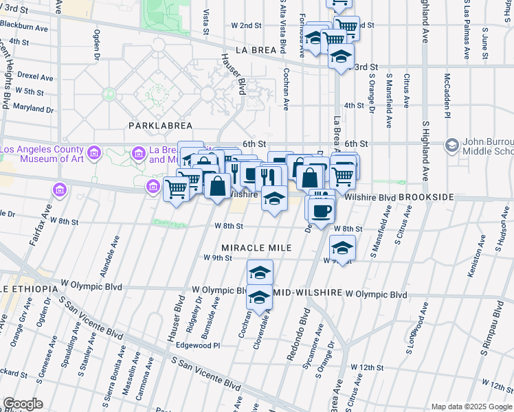 map of restaurants, bars, coffee shops, grocery stores, and more near 5520 Wilshire Boulevard in Los Angeles