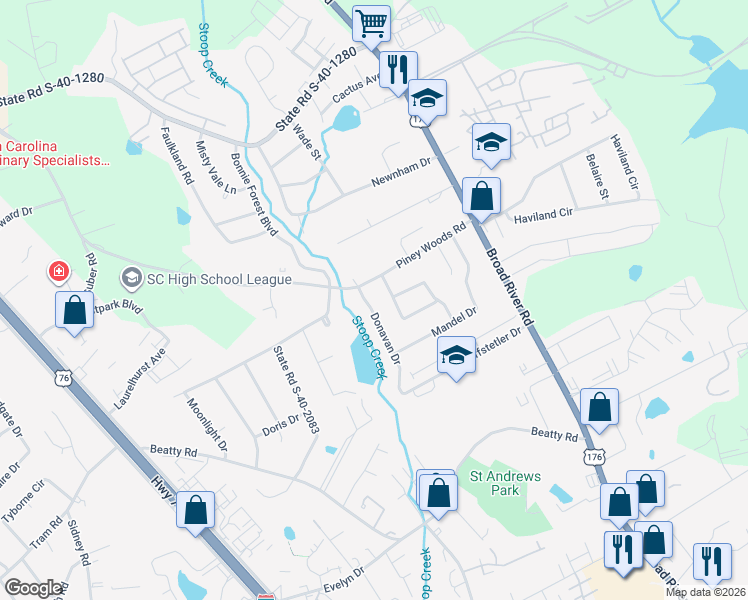 map of restaurants, bars, coffee shops, grocery stores, and more near 1018 Piney Woods Road in Columbia