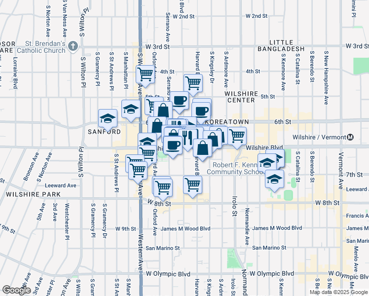 map of restaurants, bars, coffee shops, grocery stores, and more near Wilshire Boulevard in Los Angeles