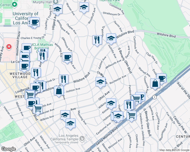 map of restaurants, bars, coffee shops, grocery stores, and more near 10563 Ashton Avenue in Los Angeles