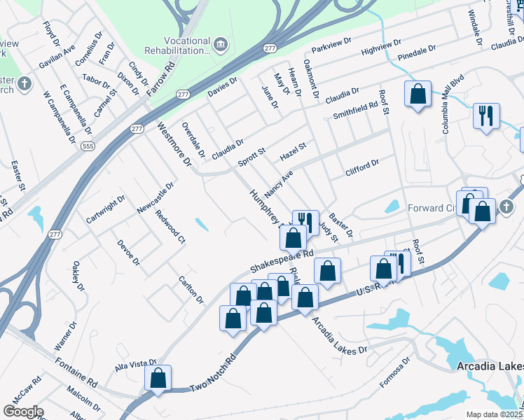 map of restaurants, bars, coffee shops, grocery stores, and more near 3703 Humphrey Drive in Columbia