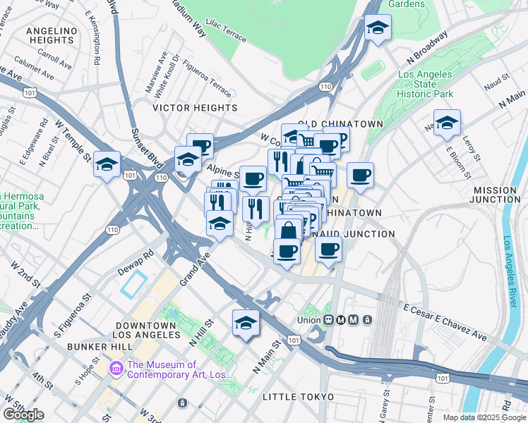 map of restaurants, bars, coffee shops, grocery stores, and more near 715-721 Yale Street in Los Angeles
