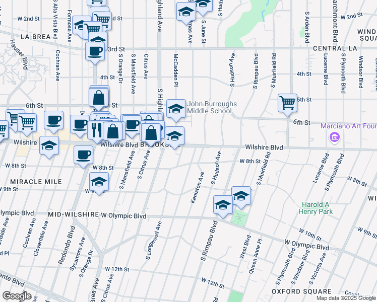 map of restaurants, bars, coffee shops, grocery stores, and more near 4848 Wilshire Boulevard in Los Angeles