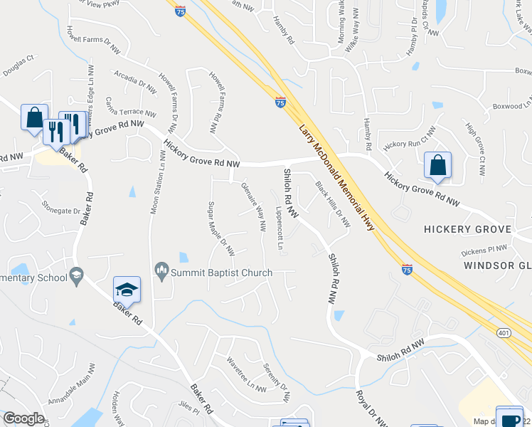 map of restaurants, bars, coffee shops, grocery stores, and more near 4180 Glenaire Way Northwest in Acworth