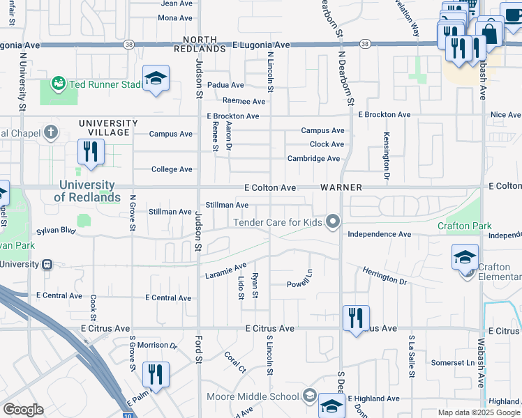 map of restaurants, bars, coffee shops, grocery stores, and more near 628 Ryan Street in Redlands