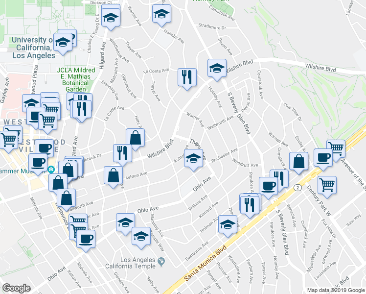 map of restaurants, bars, coffee shops, grocery stores, and more near 10563 Ashton Avenue in Los Angeles
