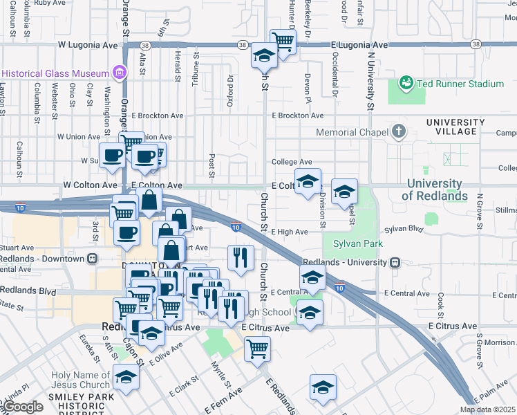 map of restaurants, bars, coffee shops, grocery stores, and more near 631 Church Street in Redlands