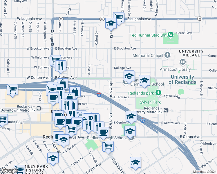 map of restaurants, bars, coffee shops, grocery stores, and more near 710 The Terrace in Redlands