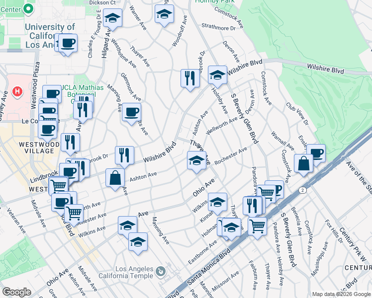 map of restaurants, bars, coffee shops, grocery stores, and more near 10560 Wilshire Boulevard in Los Angeles
