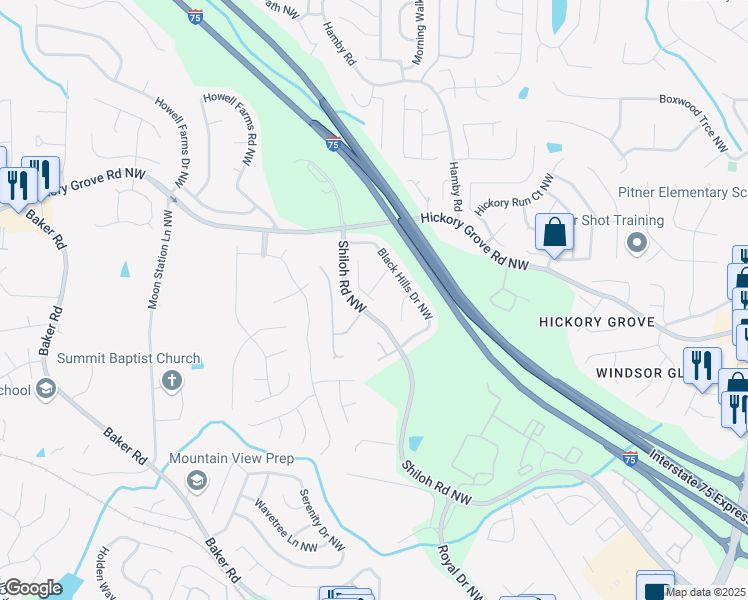 map of restaurants, bars, coffee shops, grocery stores, and more near 4499 Rainer Way Northwest in Kennesaw