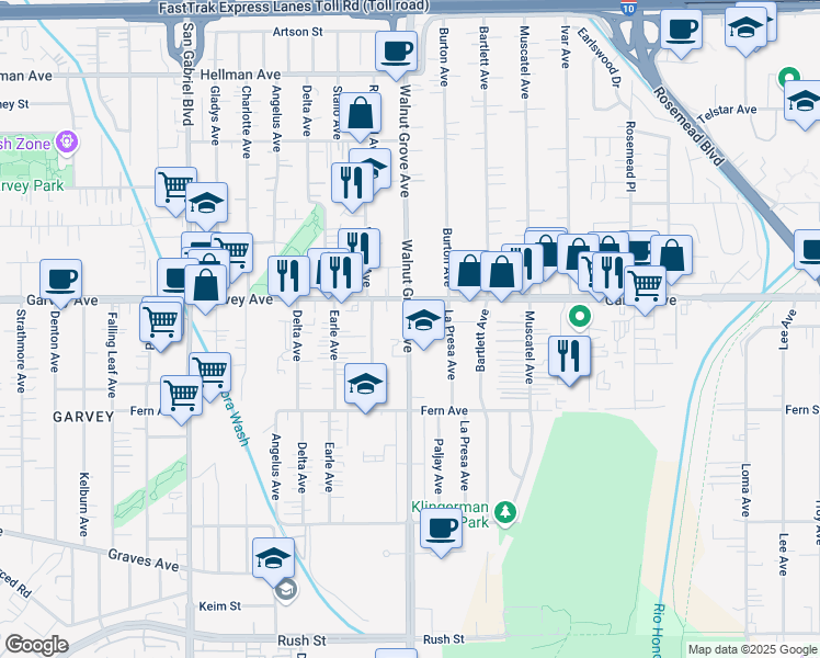 map of restaurants, bars, coffee shops, grocery stores, and more near 2716 Walnut Grove Avenue in Rosemead