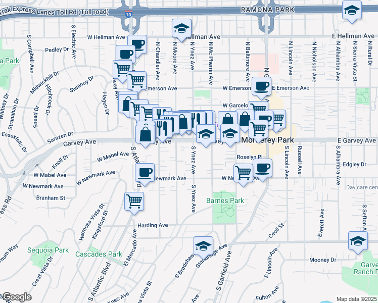 map of restaurants, bars, coffee shops, grocery stores, and more near 500 West Garvey Avenue in Monterey Park