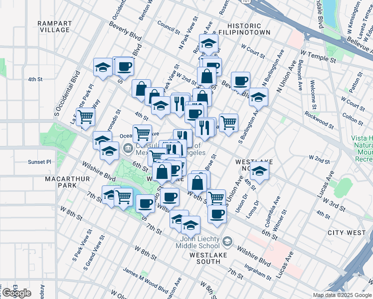 map of restaurants, bars, coffee shops, grocery stores, and more near in Los Angeles