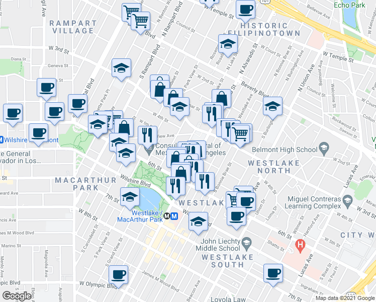 map of restaurants, bars, coffee shops, grocery stores, and more near 433 South Lake Street in Los Angeles
