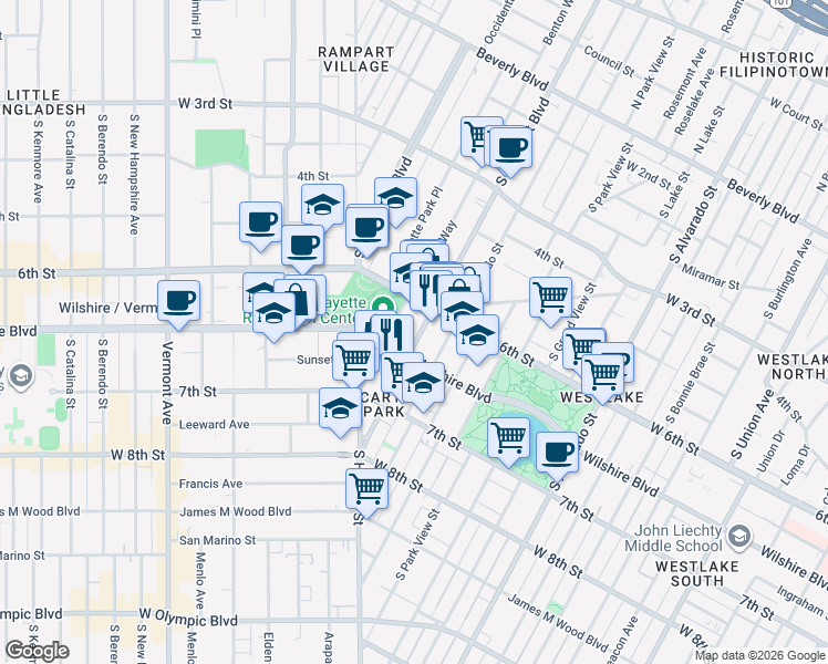 map of restaurants, bars, coffee shops, grocery stores, and more near 600 South La Fayette Park Place in Los Angeles