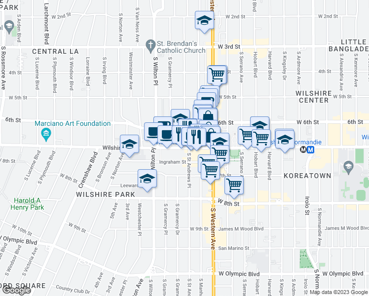 map of restaurants, bars, coffee shops, grocery stores, and more near 3855 Wilshire Boulevard in Los Angeles