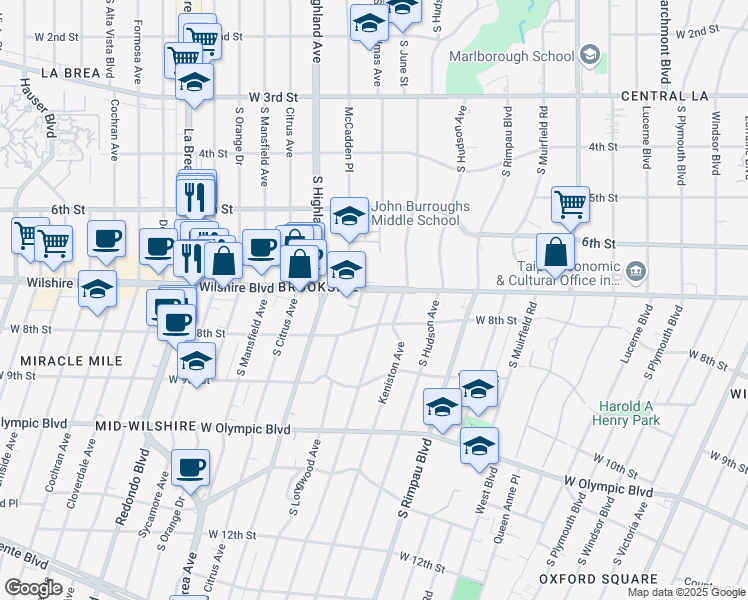 map of restaurants, bars, coffee shops, grocery stores, and more near 4854 Wilshire Boulevard in Los Angeles