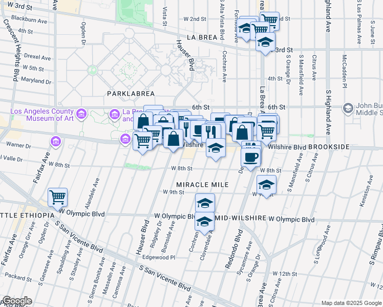 map of restaurants, bars, coffee shops, grocery stores, and more near 5550 Wilshire Boulevard in Los Angeles