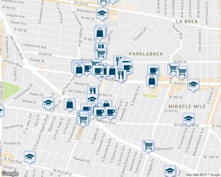map of restaurants, bars, coffee shops, grocery stores, and more near 720 South Orange Grove Avenue in Los Angeles