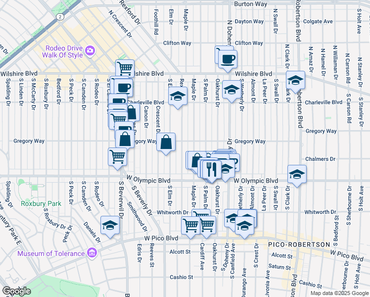 map of restaurants, bars, coffee shops, grocery stores, and more near 300 South Rexford Drive in Beverly Hills