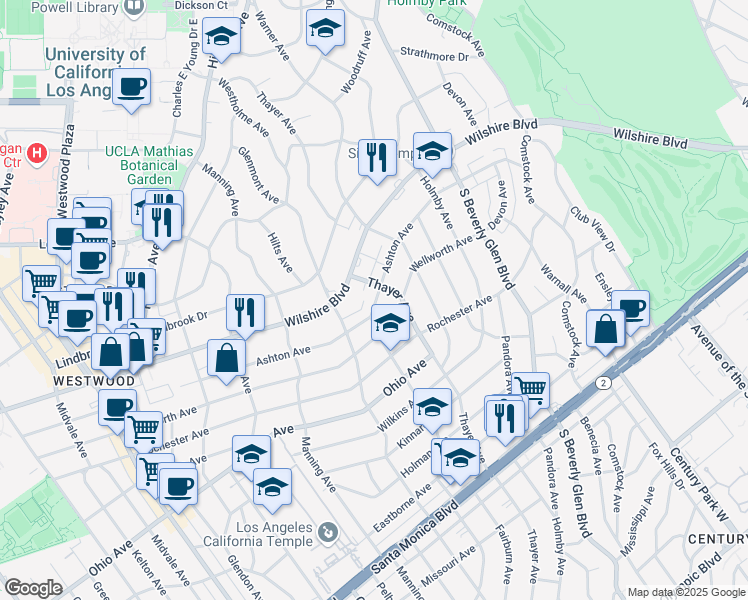 map of restaurants, bars, coffee shops, grocery stores, and more near 10560 Wilshire Boulevard in Los Angeles