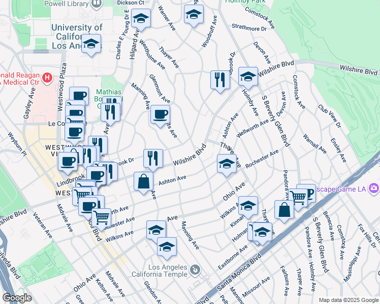 map of restaurants, bars, coffee shops, grocery stores, and more near 10600 Lindbrook Drive in Los Angeles