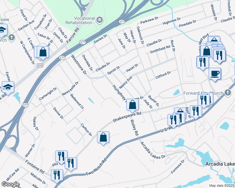map of restaurants, bars, coffee shops, grocery stores, and more near 3703 Humphrey Drive in Columbia