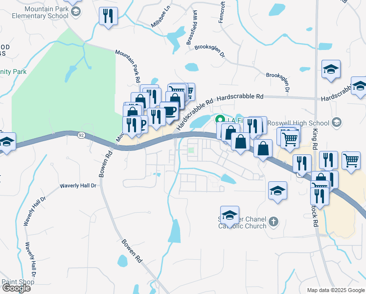 map of restaurants, bars, coffee shops, grocery stores, and more near 1205 New Haven Court in Roswell