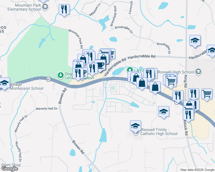 map of restaurants, bars, coffee shops, grocery stores, and more near 5811 Fairmont Trace in Roswell